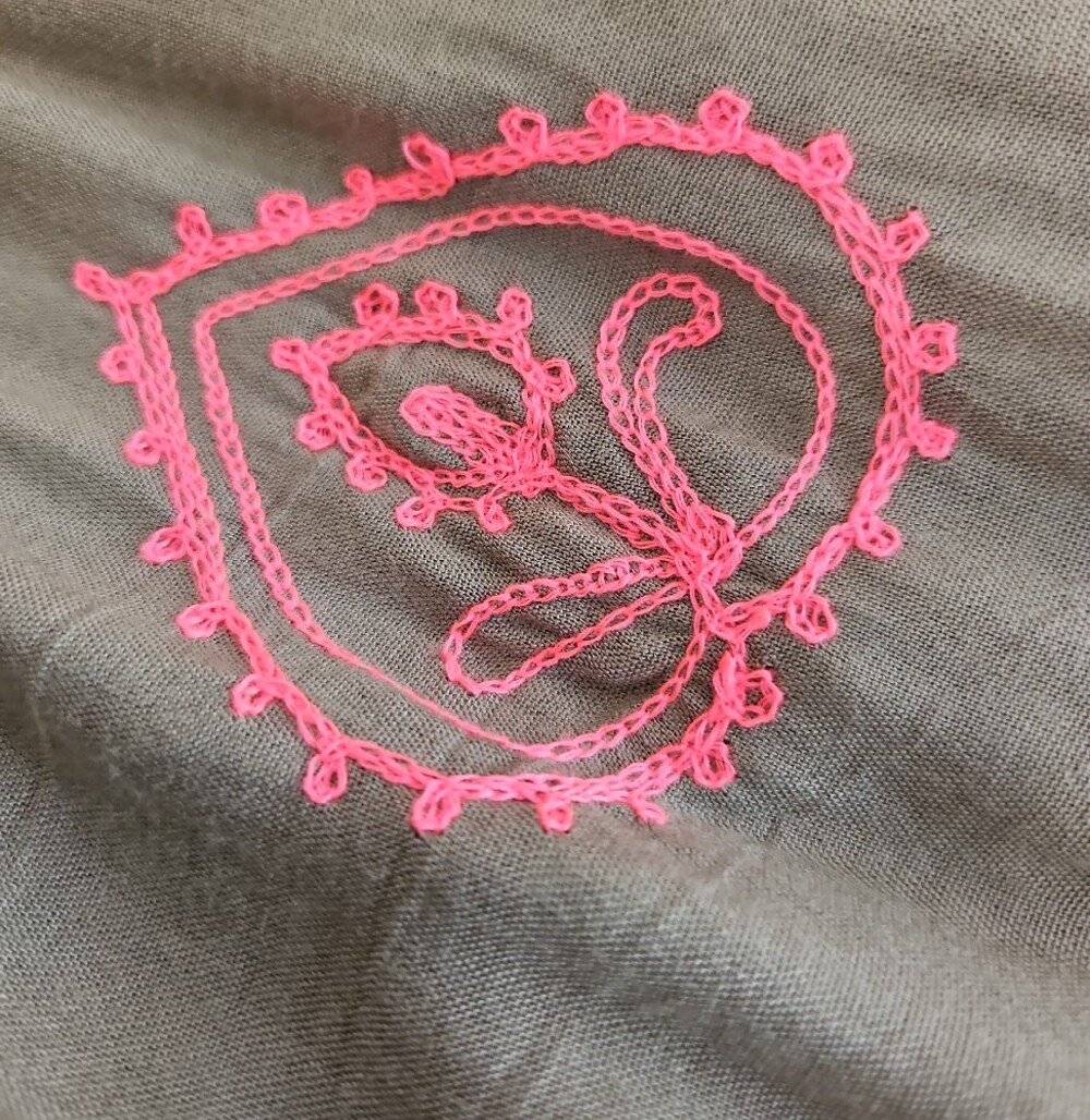 Boho Embroidered Taupe Peasant Top with Pink & Blue Trim and Beading - Picture 7 of 7